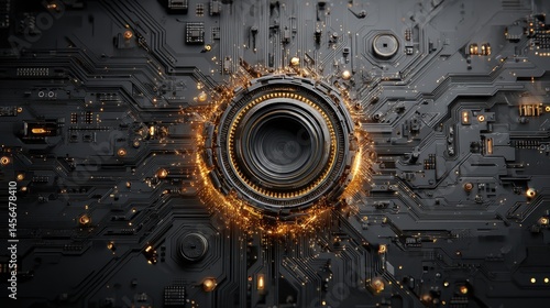 Wallpaper Mural Futuristic Technology Lens Embedded in Circuit Board with Sparks Torontodigital.ca