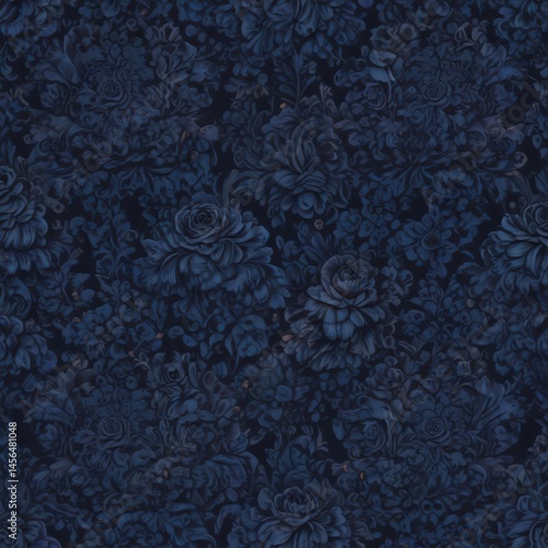 Deep midnight blue damask, blooming gothic roses, repeating pattern, damask, gothic, floral pattern