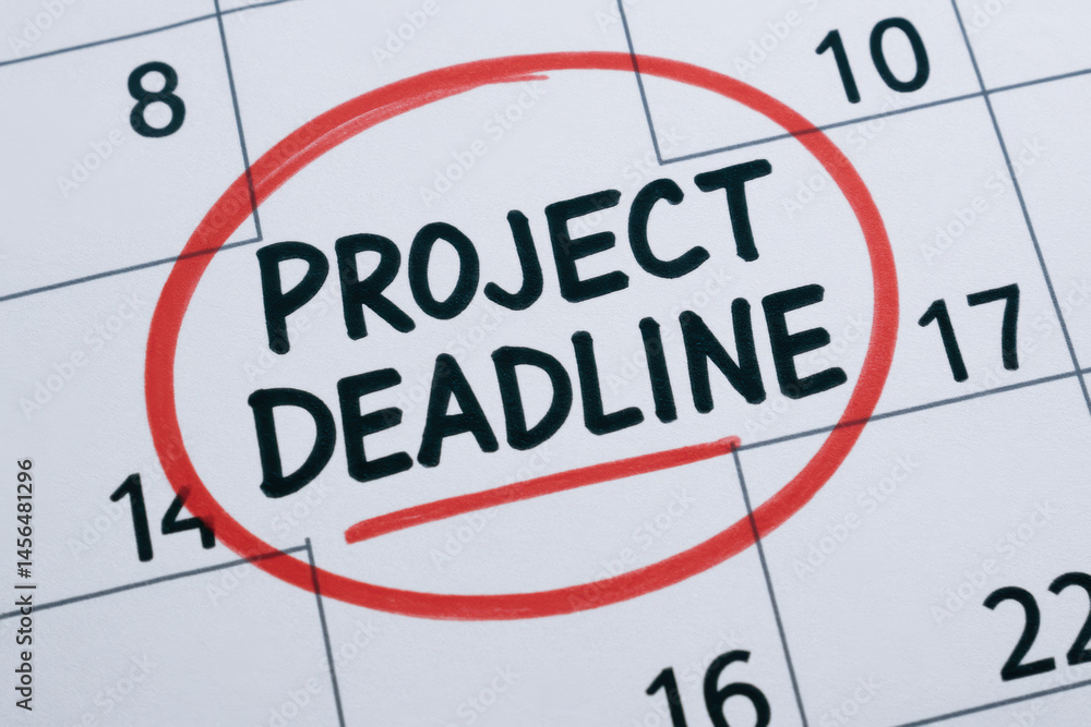 Project deadline concept marked on calendar with red circle and underline indicating termination date Project deadline concept marked on calendar with red circle and underline indicating termination date