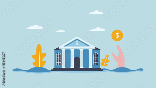 Bank sinking hand reaching for coin financial crisis blue building water money economy pastel colors