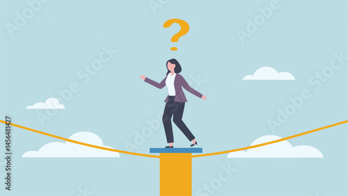 Woman balances precariously facing uncertainty a question mark looms minimalist flat design pastel