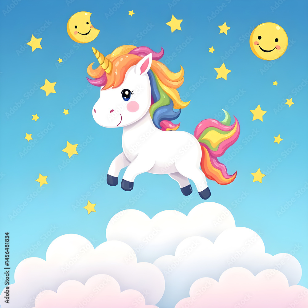 Fototapeta premium a cute, cartoon unicorn with a rainbow