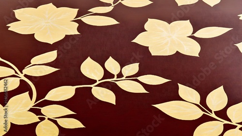 Elegant dark red fabric with a repeating pattern of stylized golden-yellow leaves and flowers