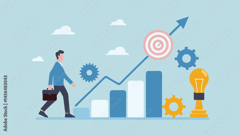 Businessman climbing graph towards success innovative ideas strategic planning achieving goals Businessman climbing graph towards success innovative ideas strategic planning achieving goals