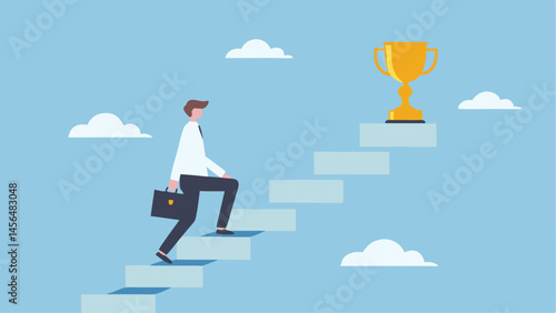 Businessman climbing stairs toward golden trophy success ambition achievement light blue background