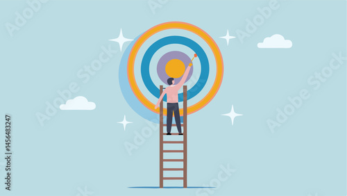 Achieving goals climbing ladder to success reaching target vibrant illustration pastel colors simple