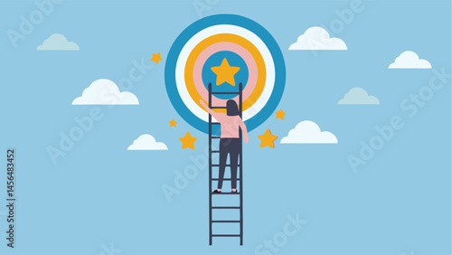 Woman climbing ladder to reach star achieving goals success ambition striving determination sky