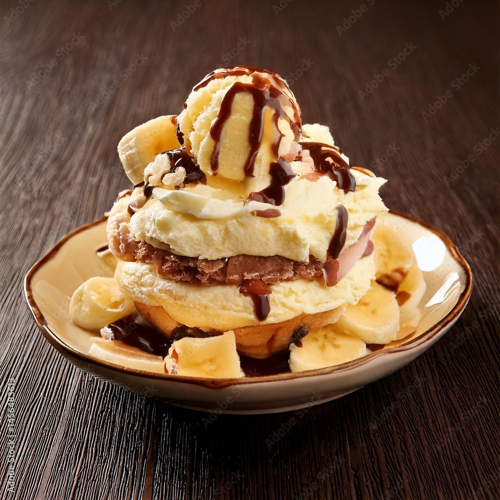 Delicious Banana Split, ice cream scoops with chocolate syrup topping waffle bowl and banana slices Delicious Banana Split, ice cream scoops with chocolate syrup topping waffle bowl and banana slices