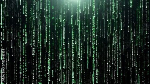 Digital matrix code with glowing green data and symbols creating dynamic flowing code rain