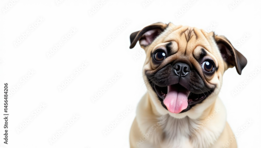 Fototapeta premium Playful pug puppy, white background isolation Close-up view , pet, wrinkled