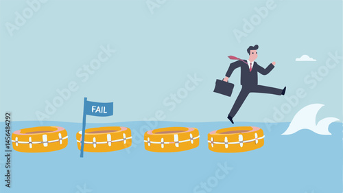 Businessman leaps over failure risky jump over life preservers flat design illustration