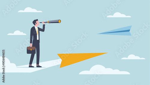 Businessman on cloud nine scans horizon with telescope charting future paths strategic planning