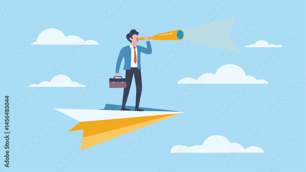 Obraz premium Businessman on paper plane soaring high using telescope to scan the horizon for opportunities Blue