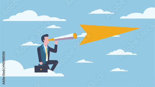 Businessman on clouds sees future with a telescope visualizing a bright yellow arrow path