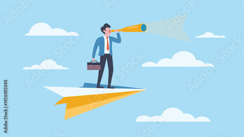 Businessman on paper plane soaring high using telescope to scan the horizon for opportunities Blue