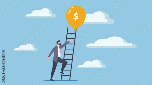 Ambitious businessman climbing ladder to reach a dollar balloon striving for financial success