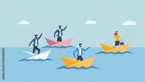 Businesspeople navigate challenges in paper boats sailing towards success on a calm sea with a light