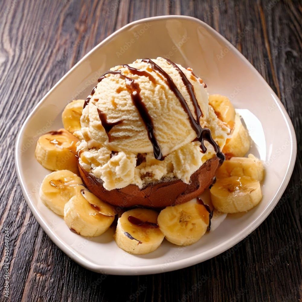Delicious Banana Split, ice cream scoops with chocolate syrup topping waffle bowl and banana slices Delicious Banana Split, ice cream scoops with chocolate syrup topping waffle bowl and banana slices