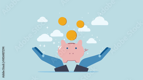 Secure your future Piggy bank savings grow with supportive hands coins falling light blue background