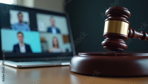 Virtual Court. Wooden judge gavel closeup with laptop video call virtu