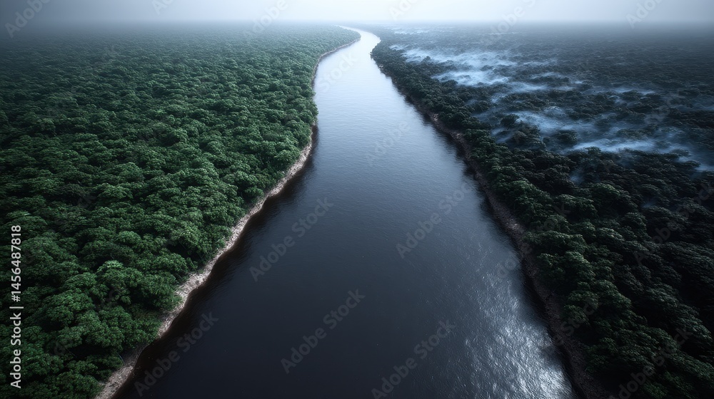 Riverside Divide: The aerial perspective captures the raw power of nature, as a deep river carves its path through verdant wilderness. Riverside Divide: The aerial perspective captures the raw power of nature, as a deep river carves its path through verdant wilderness.