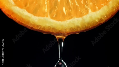 A drop of water falls from an orange slice. Filmed on a high-speed camera at 1000 fps. High quality FullHD footage