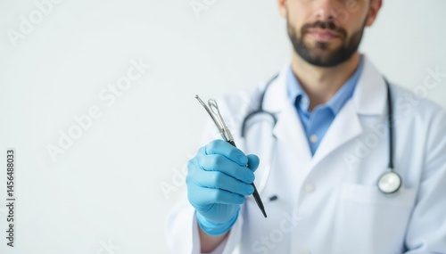 White-coated vet holding medical instruments on white backdrop , medical, vet, healthcare