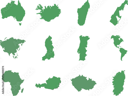 Several green earth maps are scattered across the image