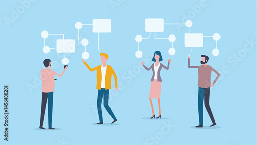 Team brainstorming innovative ideas connecting concepts visually Simple flat design pastel blue