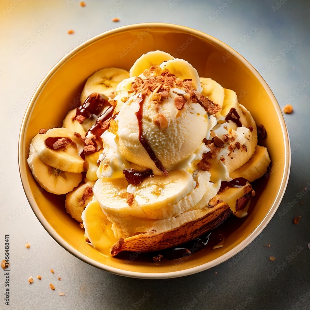 Delicious Banana Split, ice cream scoops with chocolate syrup topping waffle bowl and banana slices Delicious Banana Split, ice cream scoops with chocolate syrup topping waffle bowl and banana slices