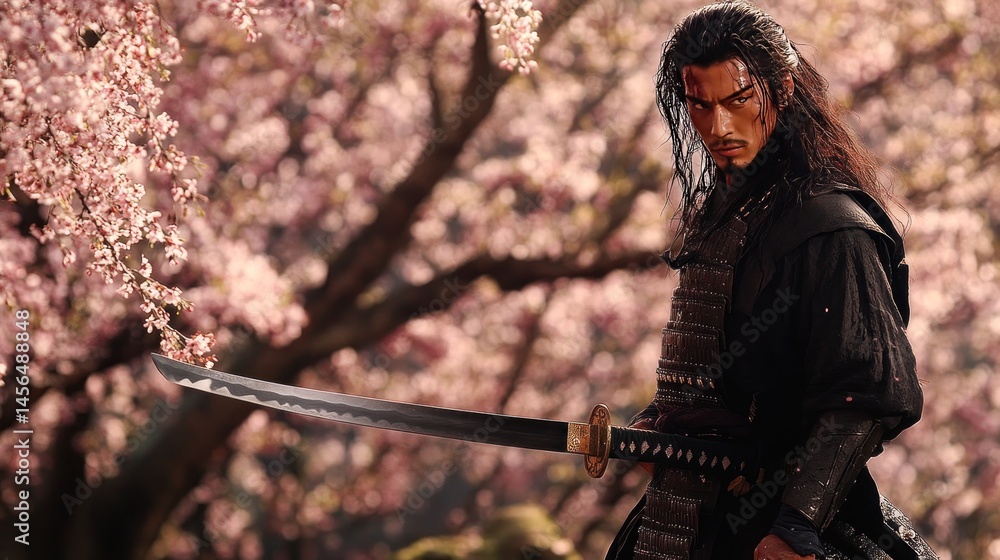 Naklejka premium A determined warrior stands amidst a blossoming cherry tree