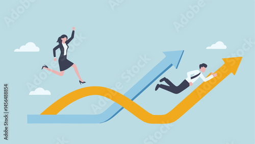 Businesswoman leaps ahead man struggles Growth success challenge competition vector illustration