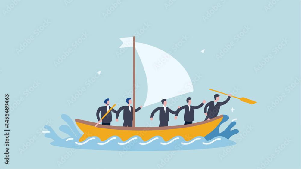 Fototapeta premium Teamwork propelling business success a team navigating stormy waters reaching goals together 