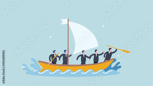 Teamwork propelling business success a team navigating stormy waters reaching goals together 