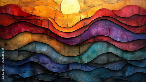 Colorful layered wood panel sunset landscape artwork.