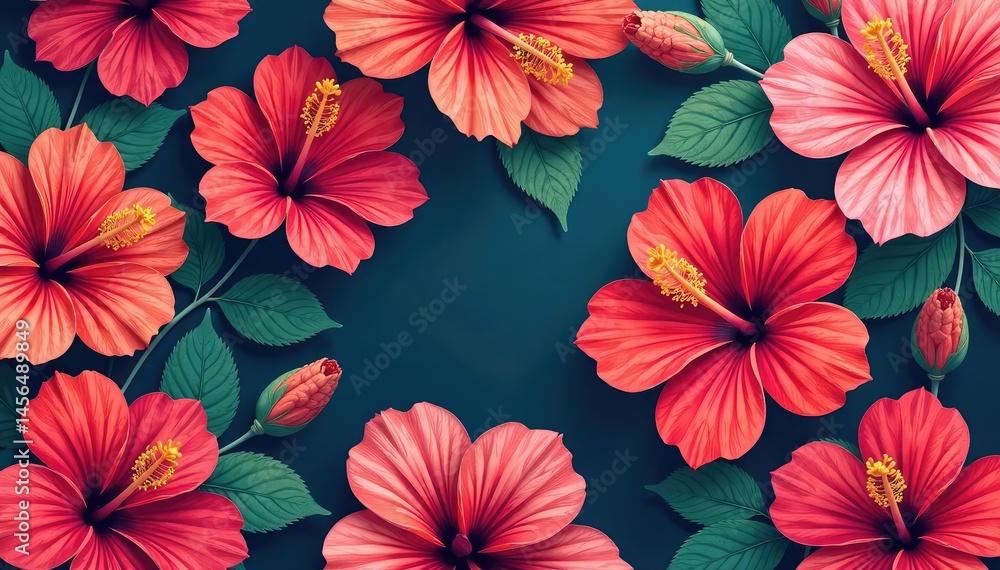 Bold, graphic hibiscus blooms in vibrant hues form a striking floral repeat , background, summer, style Bold, graphic hibiscus blooms in vibrant hues form a striking floral repeat , background, summer, style
