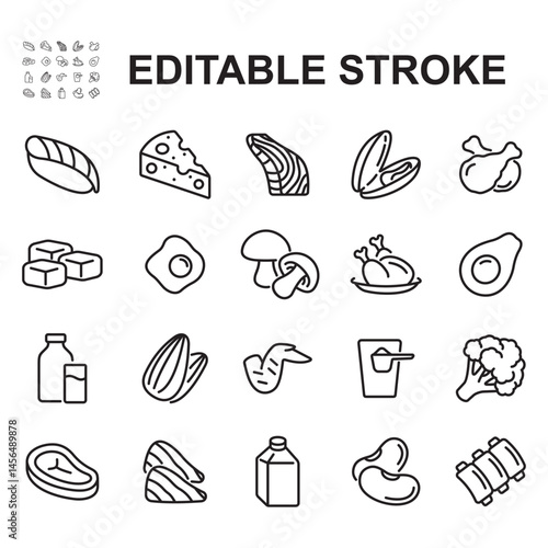 Protein food source icons collection. Thin line style vector. Contains icons such as egg, meat, milk and more.