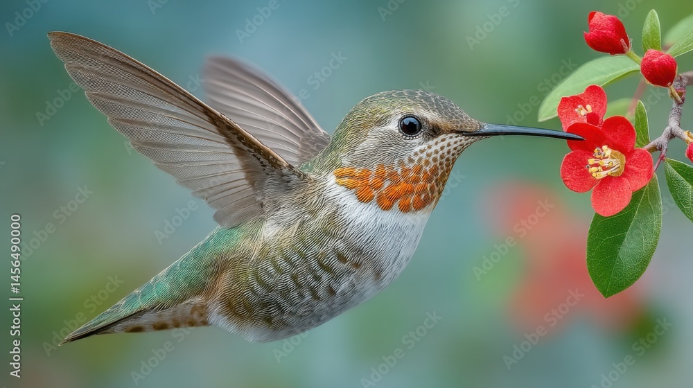 Naklejka premium Hummingbird Feeding on Red Flowers in Flight