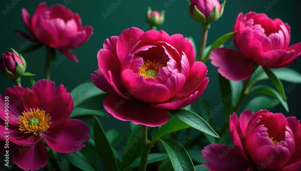 Bold peony blooms, rich jewel tones, lush greenery, leaf, green, bloom Bold peony blooms, rich jewel tones, lush greenery, leaf, green, bloom