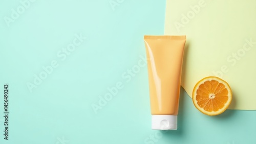 Wallpaper Mural Vitamin C Scrub. Vitamin C Glow. Isolated background, copyspace.. Vitamin C scrub embodies self-care and sun protection with burst of vibrant orange glow. Torontodigital.ca
