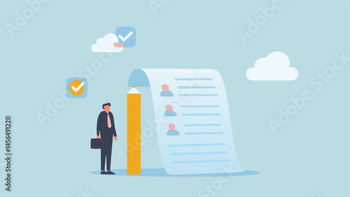 Businessman reviews applicant profiles giant document pencil checkmarks pastel blue background
