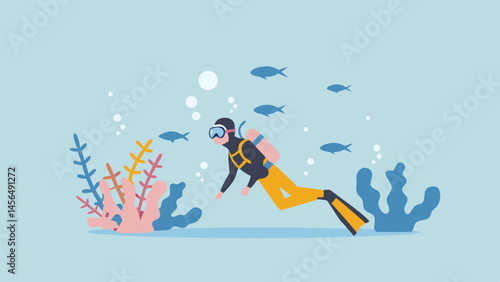 Underwater diver exploring vibrant coral reef colorful fish swim nearby Peaceful ocean scene