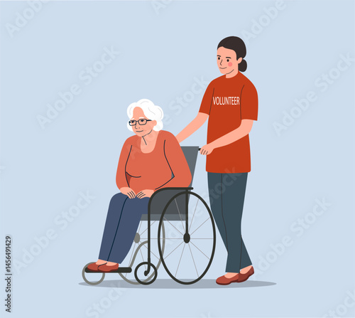 Young woman volunteer pushing an elderly woman in a wheelchair. Vector illustration.