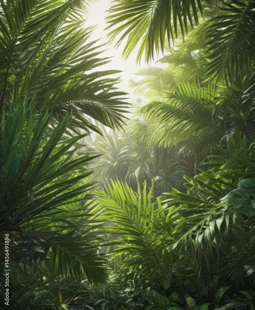 Fototapeta premium Vibrant green palm fronds, sunlight dappled, rich textures , tropical, photography, illustration