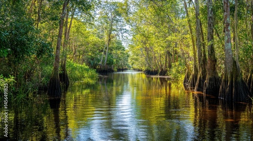 Tranquil waterway through lush vegetation with tree reflections in the water