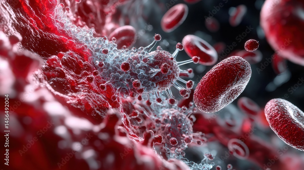 Fototapeta premium A close up of red blood cells with a virus in the middle
