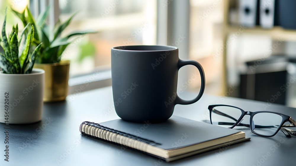 A dark gray mug rests on a notebook on a dark surface. A dark gray mug rests on a notebook on a dark surface.