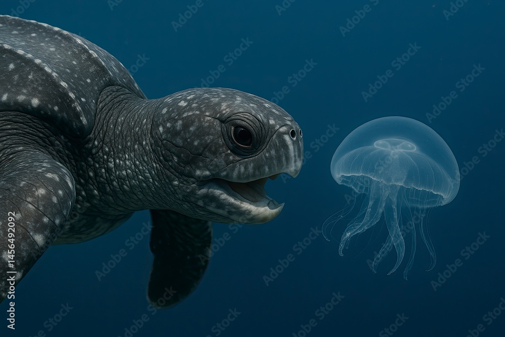 Fototapeta premium Turtles swim close to jellyfish to eat jellyfish
