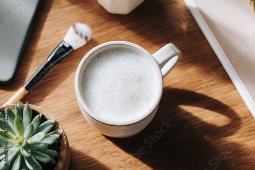 The background of the morning routine includes various elements such as a phone, rouge, shadows, a house plant, and coffee that has been placed on the table