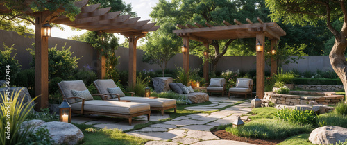 Luxurious outdoor garden retreat with pergolas loungers and tranquil stone pathways